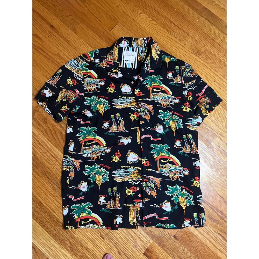 Denim & Flower Ricky Singh Mens Large Black Hawaiian Souvenir Print  Shirt